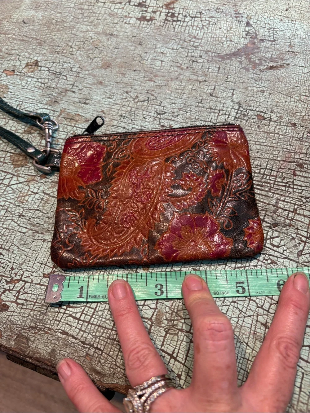 Tooled Leather Floral Paisley Wristlet Coin Purse Boho Western Brown Red Green